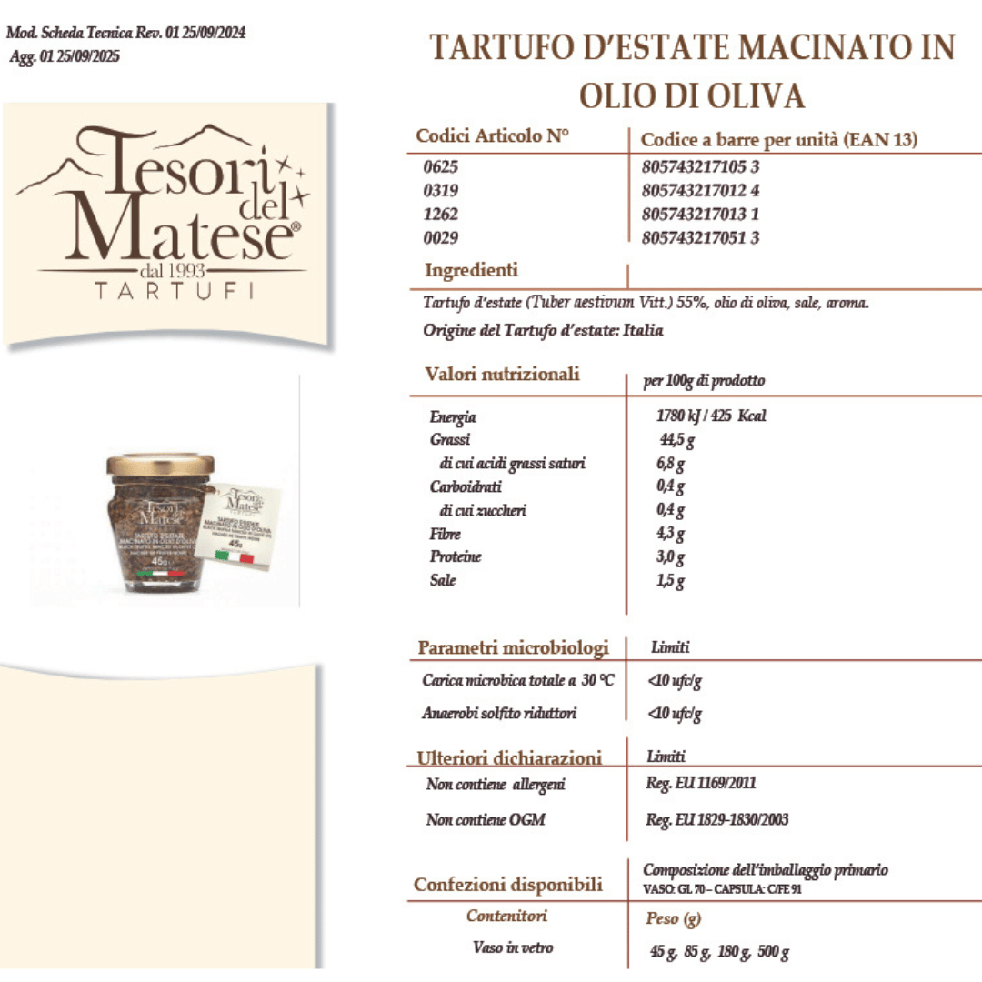 Tartufo d'estate macinato in olio di oliva Scheda Prodotto